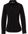 A black women's long-sleeve button-up shirt made from cotton and poly stretch fabric, featuring a sleek design and a logo.