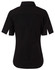 A black women's short-sleeved button-up shirt with a standard collar and a logo.