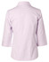 A pale lavender women's 3/4 sleeve button-up shirt, featuring a classic collar and a branded logo.