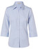 A light blue women's chambray button-up shirt with 3/4 sleeves and a collar, featuring buttons down the front.