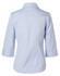 A light blue women's button-up shirt with 3/4 sleeves and a collar, featuring a logo on the back.