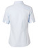 A light blue women's short-sleeve button-up shirt with self-stripe detailing and a branded logo.