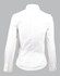 A white women's long sleeve button-up shirt featuring a tuck front design and a collar. The back view is displayed.