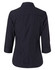 A women's navy pinstripe button-up shirt featuring 3/4 sleeves and a collar, with a logo present on the design.