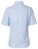 A light blue women's pinstripe short sleeve button-up shirt with a back view and decorative buttons on the sleeves.