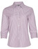 A striped women's button-up shirt with three-quarter sleeves in red and white. Features a collar and a logo.