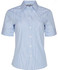 A blue and white striped women's short sleeve button-up shirt featuring a collar and a logo.