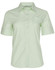 A light green striped short sleeve button-up shirt featuring a collar and a small pocket.