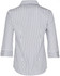 A white and navy striped women's 3/4 sleeve button-up shirt with a collar. Features a logo on the label.