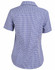 A short-sleeved, two-tone check button-up shirt in blue and white with a fitted silhouette. Features a logo on the back.