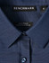 Ladies' pin dot stretch long sleeve shirt in navy with a button closure, featuring a logo label inside the collar.