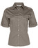 A women's short sleeve military shirt in a muted green colour, featuring button-up front and pockets, with a logo.