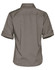 A women's short sleeve military shirt in olive green with rolled-up sleeves and a back view. Features a logo.