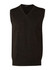 A dark-coloured, sleeveless V-neck vest made from 100% Merino wool, featuring a ribbed hem and a small logo.