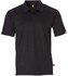 A black short-sleeve polo shirt featuring a logo and textured shoulder detail. Suitable for workwear.