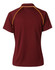 A burgundy short-sleeved polo shirt featuring yellow raglan detailing and a logo.