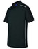 A black men's polo shirt featuring white piping and a collar, with branding visible.