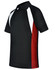A black polo shirt with white and red accents, featuring a collar and short sleeves. It has a logo on the chest.