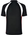 A black men's tri sport polo shirt featuring white and red accents on the sides and back, with a logo visible.