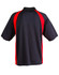 A men's polo shirt featuring a black body with red sleeves and a collar, complete with a logo.