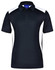 A black polo shirt with white side panels and a collar. It features a logo on the front.