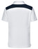 A white children's polo shirt with a navy back panel, featuring a collar and short sleeves. It has a logo.