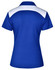 A ladies' polo shirt in royal blue with a white upper back section and a logo on the front.
