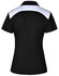 A black ladies' polo shirt with a white accent on the shoulders and a logo on the back.