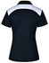 A black and white ladies' polo shirt with a contrasting collar and back design, featuring a logo.