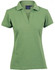 A green ladies’ polo shirt with a collar and a logo on the upper left side.