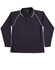 A black long-sleeve polo shirt with raglan sleeves and white piping detail. It features a collar and buttons.