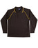 A brown long-sleeve polo shirt with yellow piping and a branding logo. Suitable for kids.