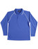 A long-sleeve polo shirt in blue with contrasting white piping and a buttoned collar. It features a logo.