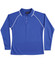 A long-sleeved ladies' polo shirt in vibrant blue with white piping and a collar, featuring a logo.