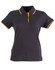 A women's polo shirt in navy blue with yellow detailing on the collar and sleeves. It has a logo on it.