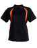 A black polo shirt with orange accents and a collar, featuring a logo on the chest.
