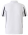 A white short sleeve polo shirt featuring navy detailing and a logo. The back displays a sporty design.
