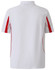 A white polo shirt with red accents, featuring short sleeves and a back view. It has a logo on the upper back.