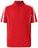 A red polo shirt with short sleeves, featuring white side stripes and a logo on the chest.