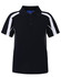 A black kids' polo shirt with white accents and a collar, featuring a logo on the front.