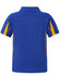 A blue polo shirt with yellow accents, featuring a collar and short sleeves, and a logo on the back.