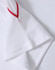 A white polo shirt featuring red detailing on the sleeves, with a branded logo.