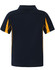 A navy blue polo shirt with yellow accents, featuring a collar and short sleeves. It has a logo displayed.