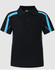 A black polo shirt with blue side stripes, featuring a collar and buttons, and a logo on the chest.