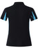 A black polo shirt with turquoise accents, featuring short sleeves and a logo on the back.