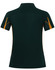 A green and gold short sleeve polo shirt featuring a logo, designed for women.