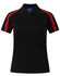 A short sleeve polo shirt in dark brown with red accents and a logo on the chest.