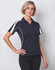 A navy polo shirt featuring white side panels and a subtle branding logo. Ideal for casual or sporty settings.