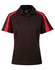 A short sleeve polo shirt in dark brown with red accents and a logo on the chest.