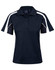 A navy blue polo shirt with short sleeves, featuring contrasting white side panels and a logo.